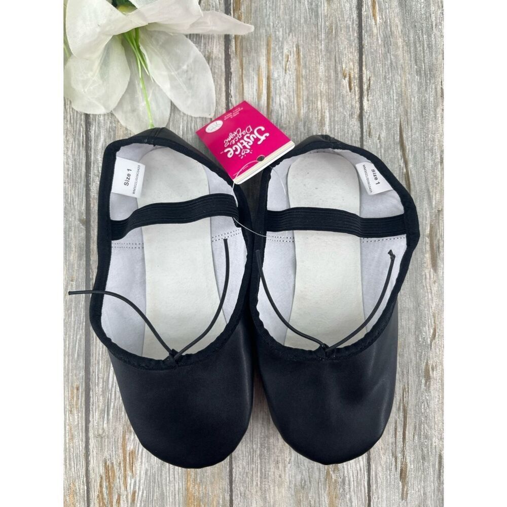 Justice Girls Ballet Shoes Dance Class Leather Sole Adjustable Strap Size 1